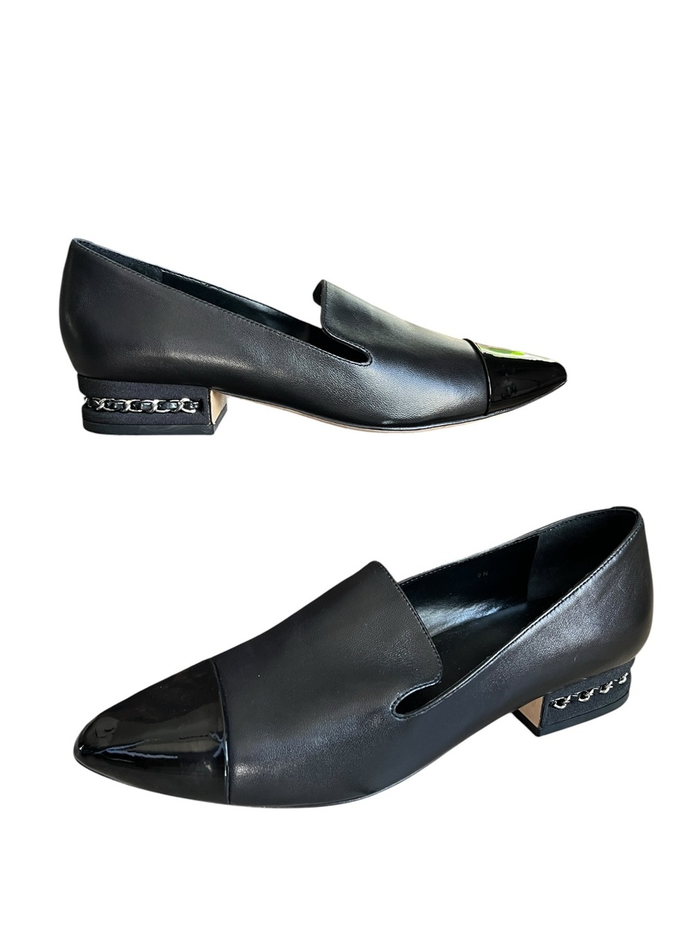 Vaneli Black Leather Pointed Toe Chain Accent Loafers